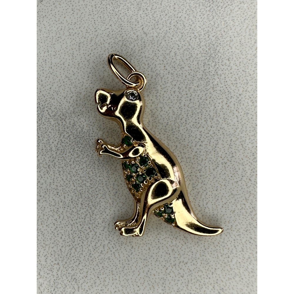 T-Rex Dinosaur Pendant Charm Sterling Silver 925 Gold Plated Green Stone CZ